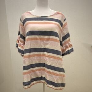 Ava James Woven Striped Pink Blue Ruffle Button Blouse Women 3X Plus Size